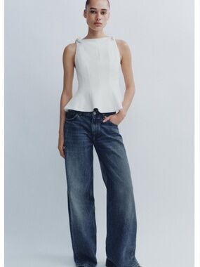 Zara White Peplum Bow Fitted Boatneck Top Size Medium